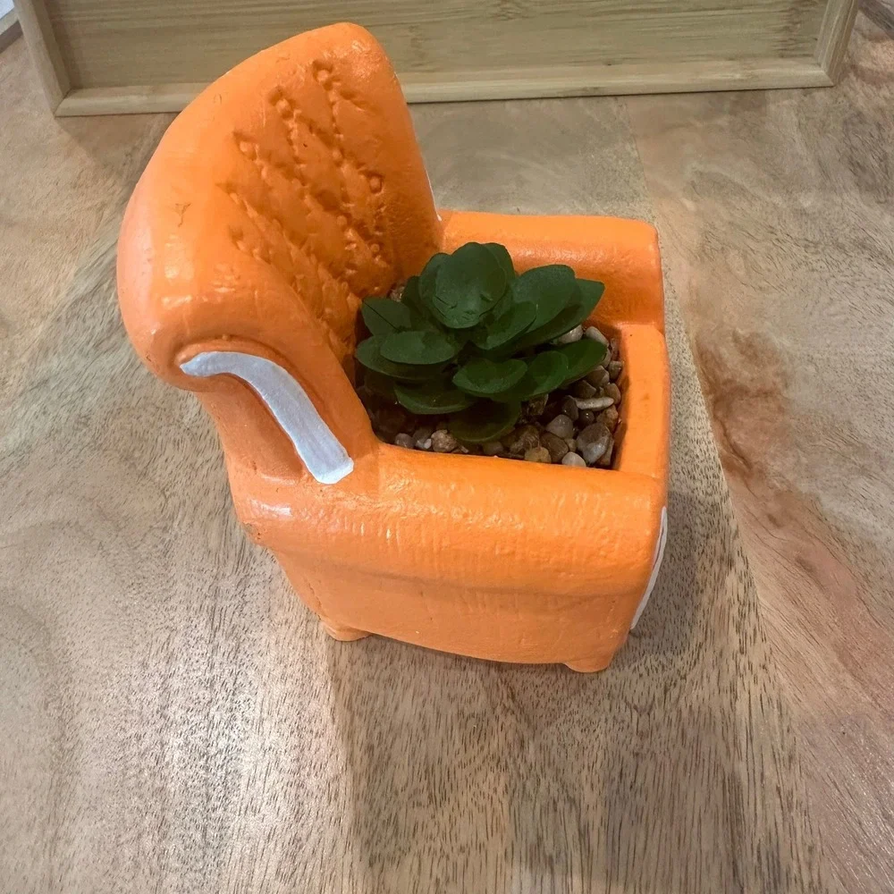 Orange Miniature Armchair Succulent Planter Faux Plant Decor Tufted Chair
